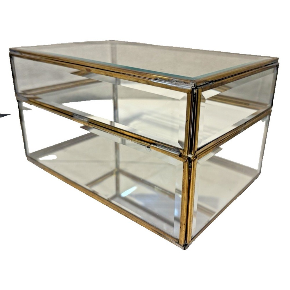Vintage Enesco Glass Brass Large Curio Trinket Jewelry Box Display